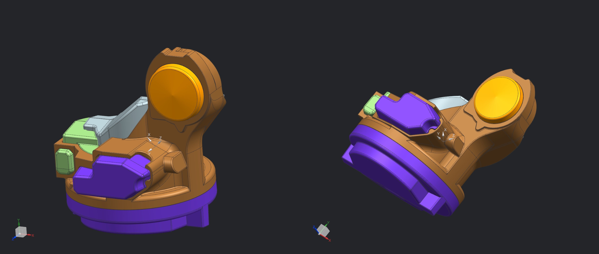 Colored 3D assembly model shown from two different viewpoints